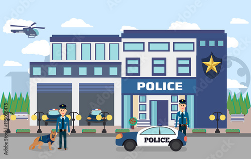 Illustration of police department with officers in uniform , cars and city landscape