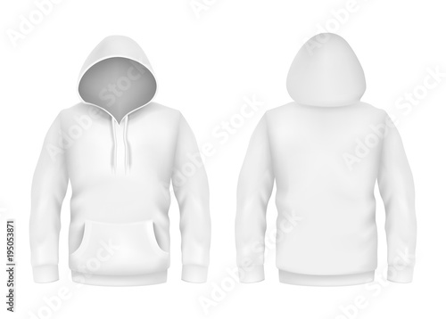 Vector hoodie sweatshirt white 3d realistic mockup template on white background. Fashion long sleeve, clothing hooded pullover front, back view. Unisex, women, men cotton apparel sportswear, outfit