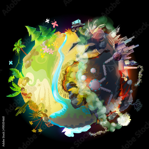 Vector illustration of green Earth, evolution, technology progress and environmental destruction, climate changes, death of civilization, the end of world. Future of our planet, futuristic concept