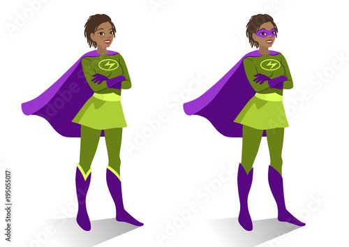  African American superhero woman in  costume and mask standing with crossed arms. Vector cartoon character illustration in flat contemporary style isolated on white background. Women activism concept