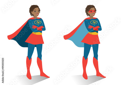  African American superhero woman in  costume and mask standing with crossed arms. Vector cartoon character illustration in flat contemporary style isolated on white background. Women activism concept