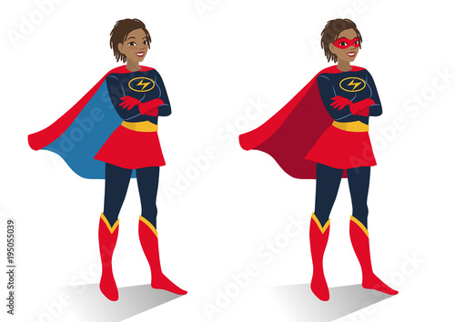  African American superhero woman in  costume and mask standing with crossed arms. Vector cartoon character illustration in flat contemporary style isolated on white background. Women activism concept