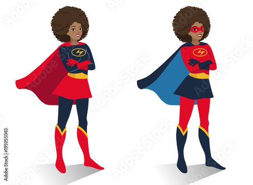  African American superhero woman in  costume and mask standing with crossed arms. Vector cartoon character illustration in flat contemporary style isolated on white background. Women activism concept