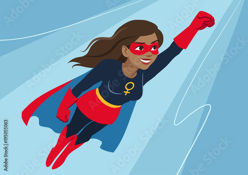 Superhero woman in flight. Attractive young African American woman wearing superhero costume with cape, flying through air in superhero pose, on sky background. Flat contemporary style vector element