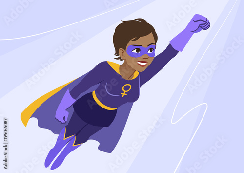 Superhero woman in flight. Attractive young African American woman wearing superhero costume with cape, flying through air in superhero pose, on sky background. Flat contemporary style vector element