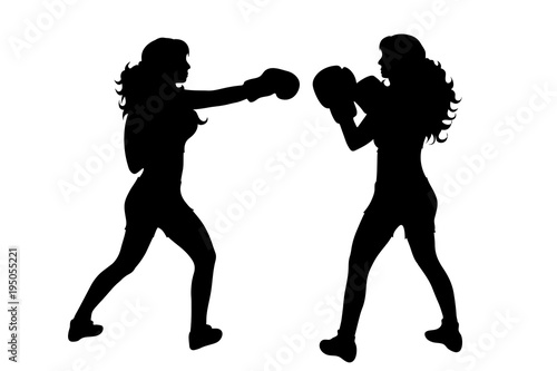 Vector silhouette of woman who boxing on white background.
