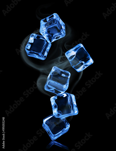 Ice cubes in dynamic motion frozen in the air on black background