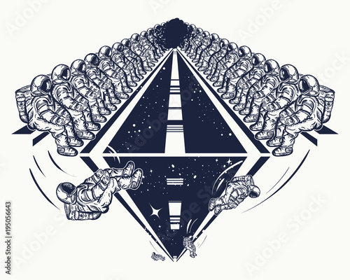 Astronauts in deep space tatto and t-shirt design. Universe research symbol, disembarkation to other planets. Astronaut team fly in space vector