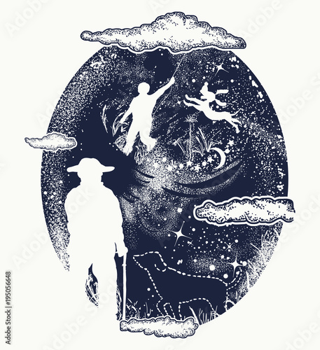 Old man and dog tattoo. Memories of the died dog. Symbol of memory, dream, youth and old age. Senior man and dog t-shirt design