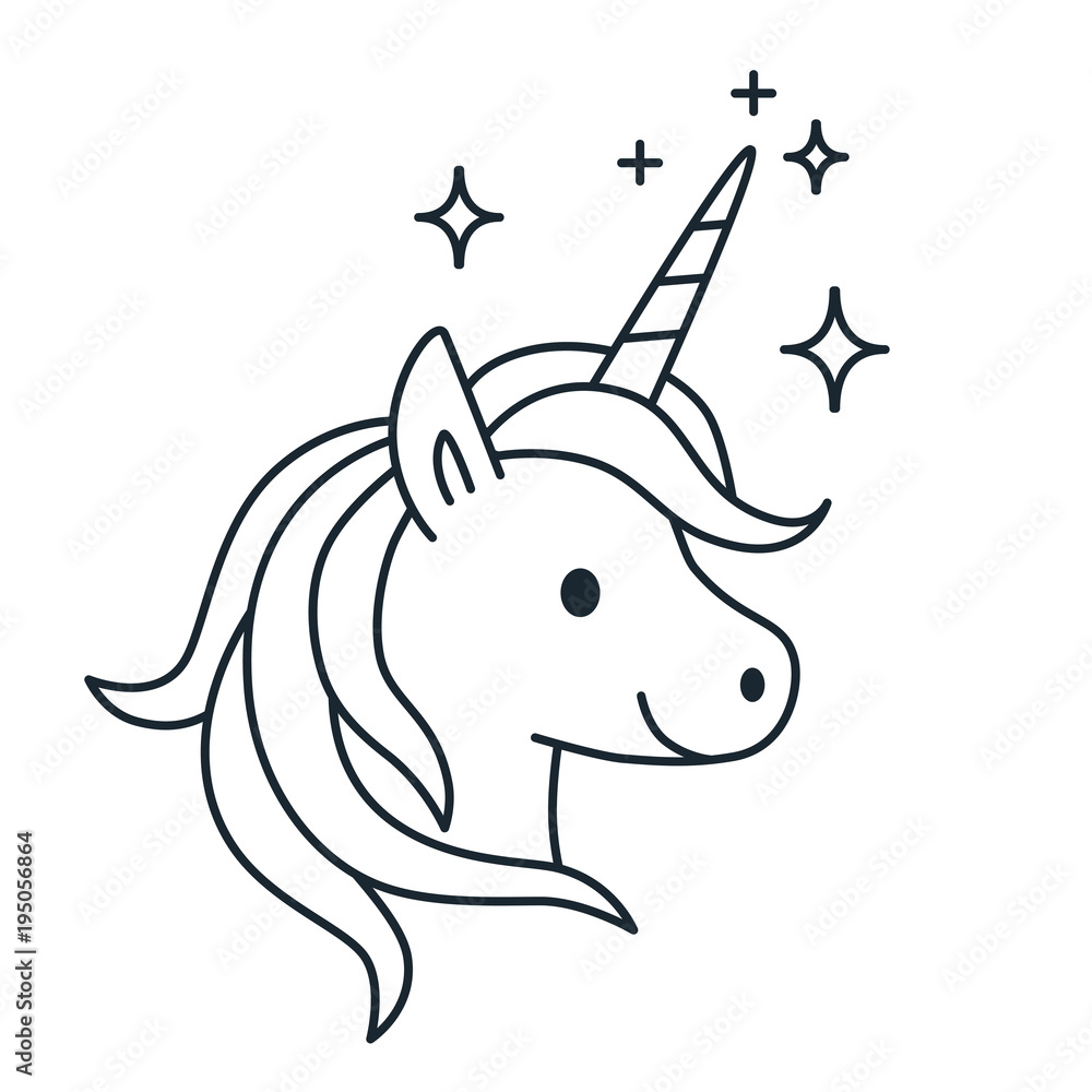 Fototapeta premium Simple cute magic unicorn vector line cartoon illustration isolated on white background. Fantasy mythical creature Icon, coloring book contemporary flat line design element.