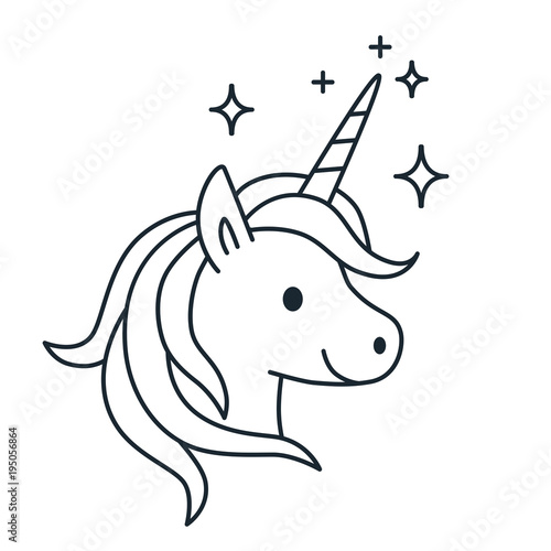 Simple cute magic unicorn vector line cartoon illustration isolated on white background. Fantasy mythical creature Icon  coloring book contemporary flat line design element.