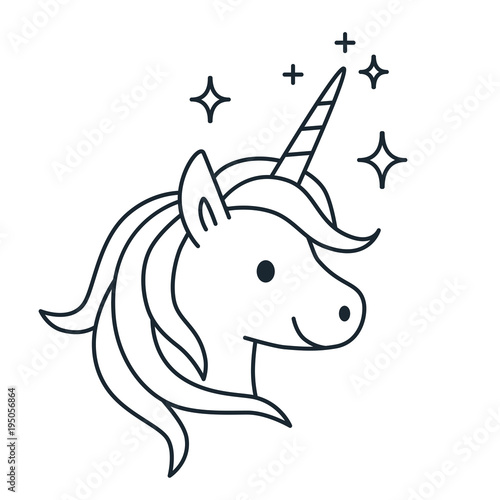 Simple cute magic unicorn vector line cartoon illustration isolated on white background. Fantasy mythical creature Icon, coloring book contemporary flat line design element.