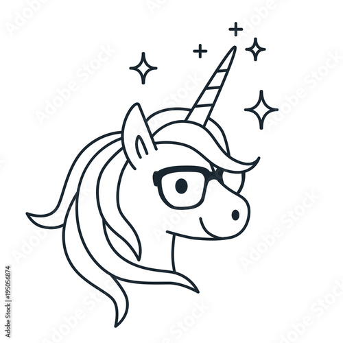 Cute unicorn wearing eyeglasses single color outline illustration. Simple line doodle icon, coloring book page. Magic, fantasy, education, school, learning theme design element isolated on white.