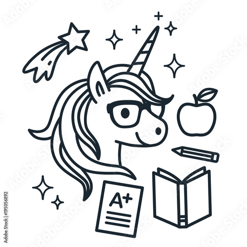 Cute unicorn wearing eyeglasses with school themed icons around. Single color outline vector illustration. Simple line doodles, coloring book page, education, reading, learning theme.