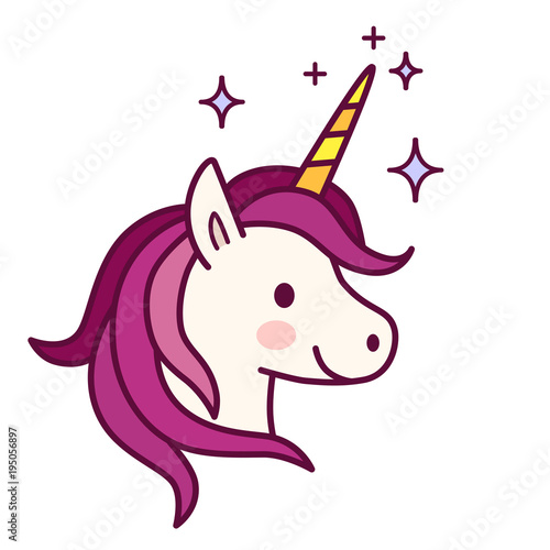 Cute unicorn with pink mane vector illustration. Simple flat line doodle icon contemporary style design element isolated on white. Magical creatures, fantasy, dreams theme.