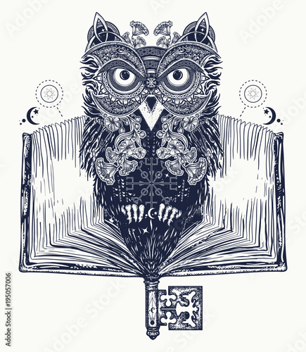 Owl and open book tattoo and t-shirt design. Symbol of education, literature, poetry, wisdom, reading. Open book, vintage key and magic owl art tattoo