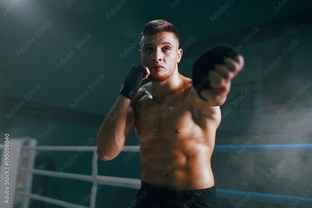 professional boxer on boxing ring, boxing training