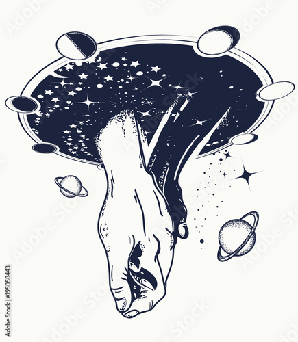 Black and white hands in space tattoo. Symbol of tolerance, friendship, multiculturalism, love, t-shirt design. Taking hands with love