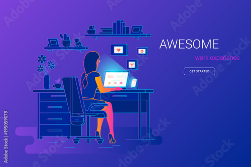 Woman working with laptop at her work desk, looking at monitor and smartphone. Gradient line vector illustration of student studying at home. People working with laptop at home on violet background
