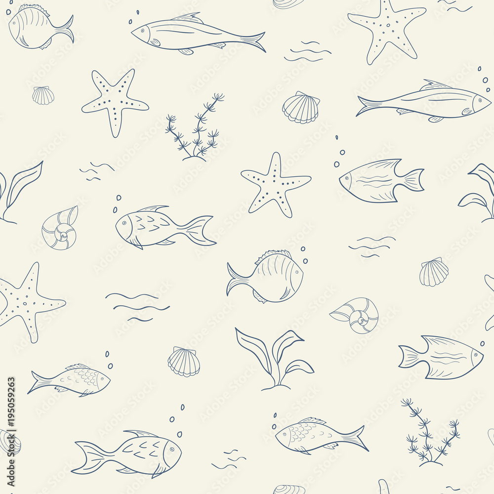 Obraz premium Marine seamless pattern with fish, seaweed and starfish. Vector.