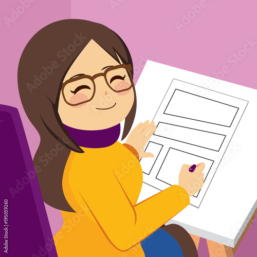 Cute happy professional woman illustrator artist drawing comic