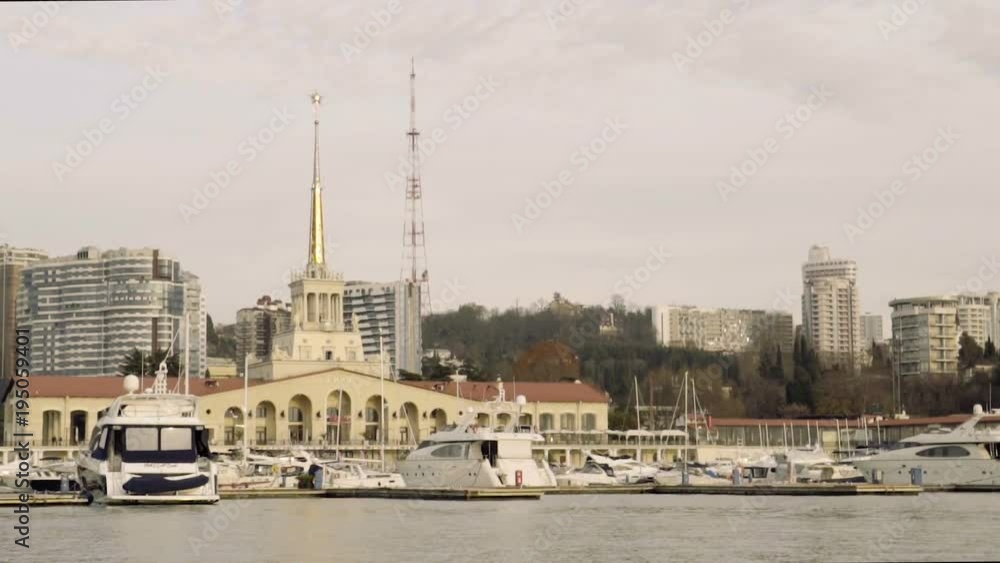 View of the harbor, seaport of Sochi, Russia, ships are standing on the pier View of the harbor, seaport of Sochi, Russia, ships are standing on the pier