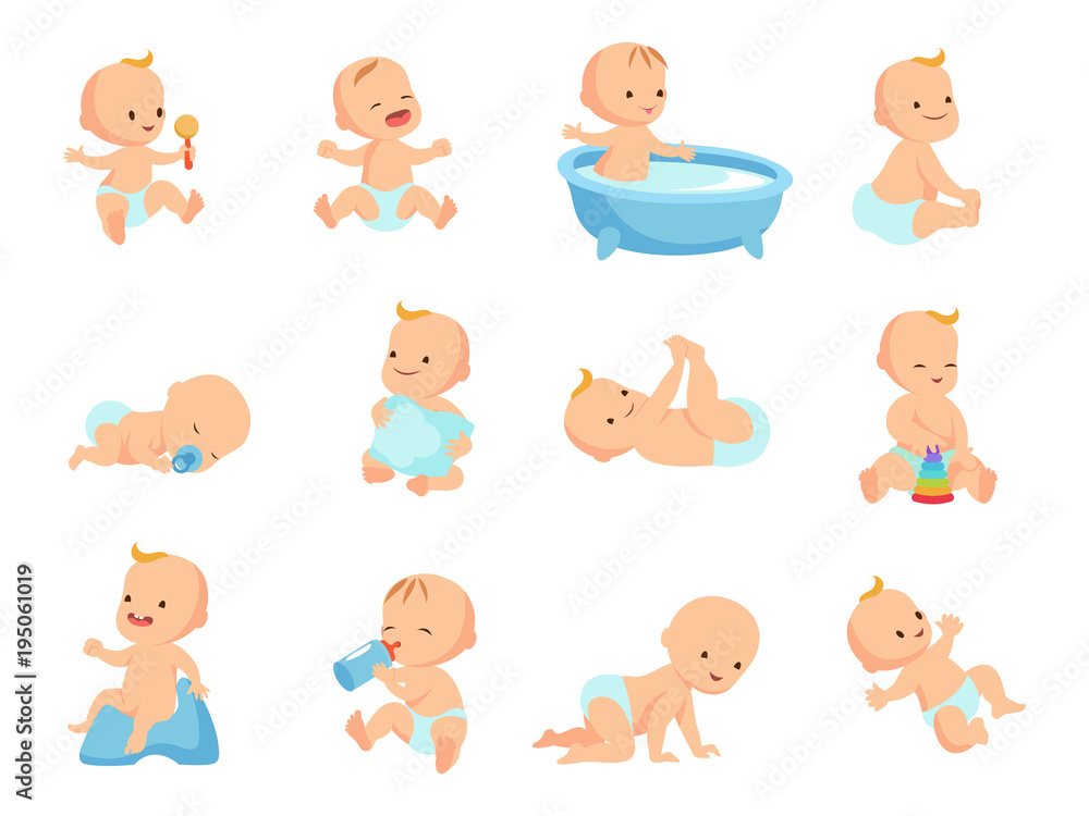 Infant newborn baby big set in different activity isolated on white Infant newborn baby big set in different activity isolated on white