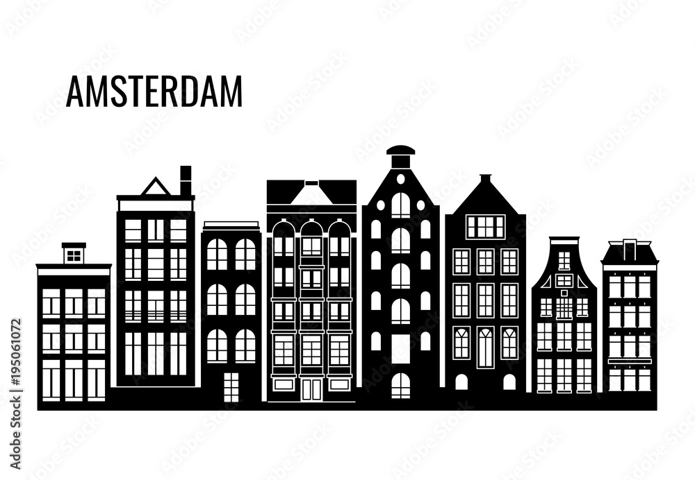 Row of old typical amsterdam houses vector silhouettes