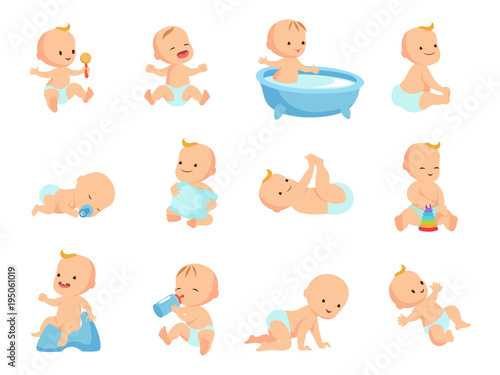 Infant newborn baby big set in different activity isolated on white photo