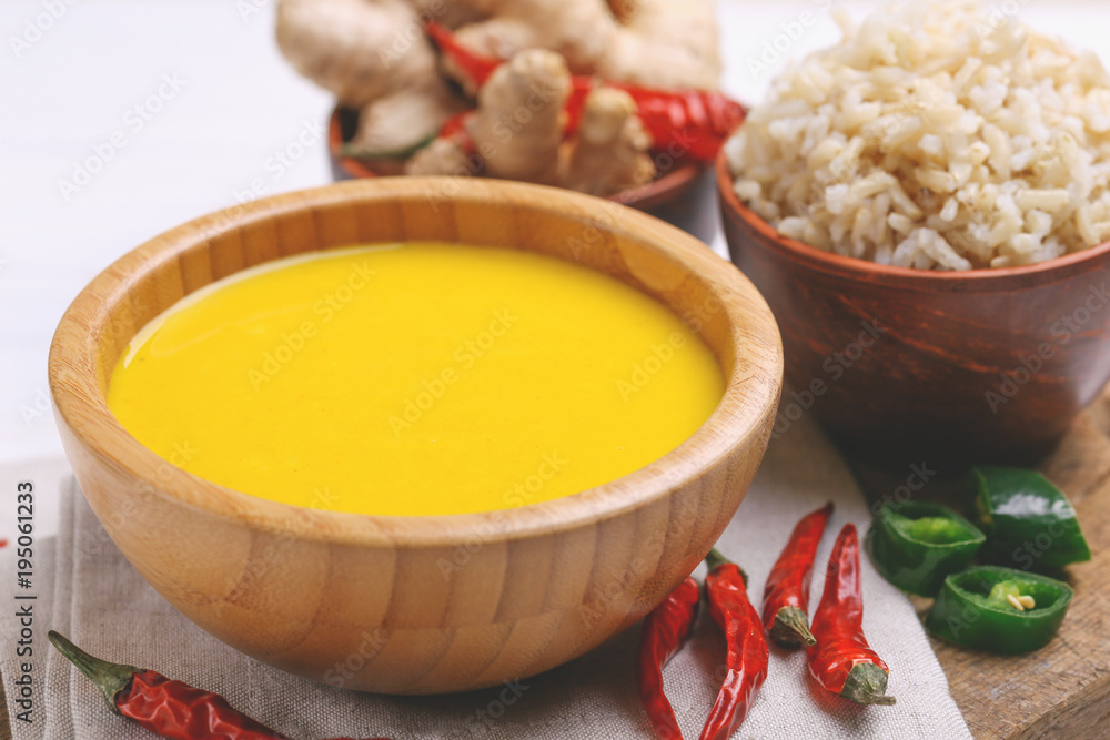 Vegetarian curry Gujarati Kadhi with chickpea and yogurt Vegetarian curry Gujarati Kadhi with chickpea and yogurt