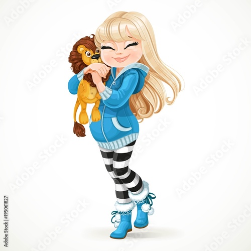 Beautiful pregnant blond woman happily hugs soft toy lion isolated on white background