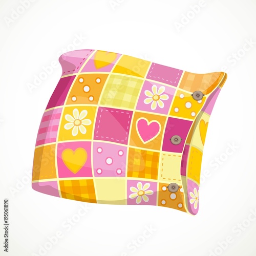 Pink soft pillow in a patterned pillowcase object isolated on a white background