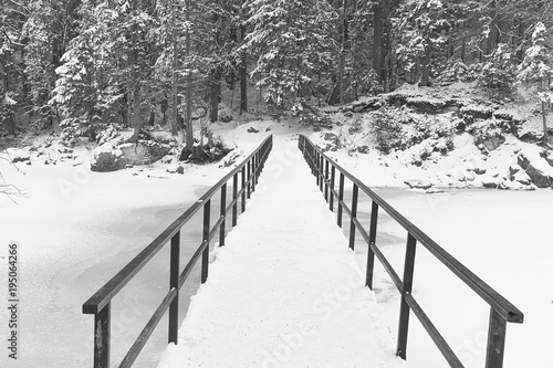 Hiking trail over the steel bridge in the winter snow