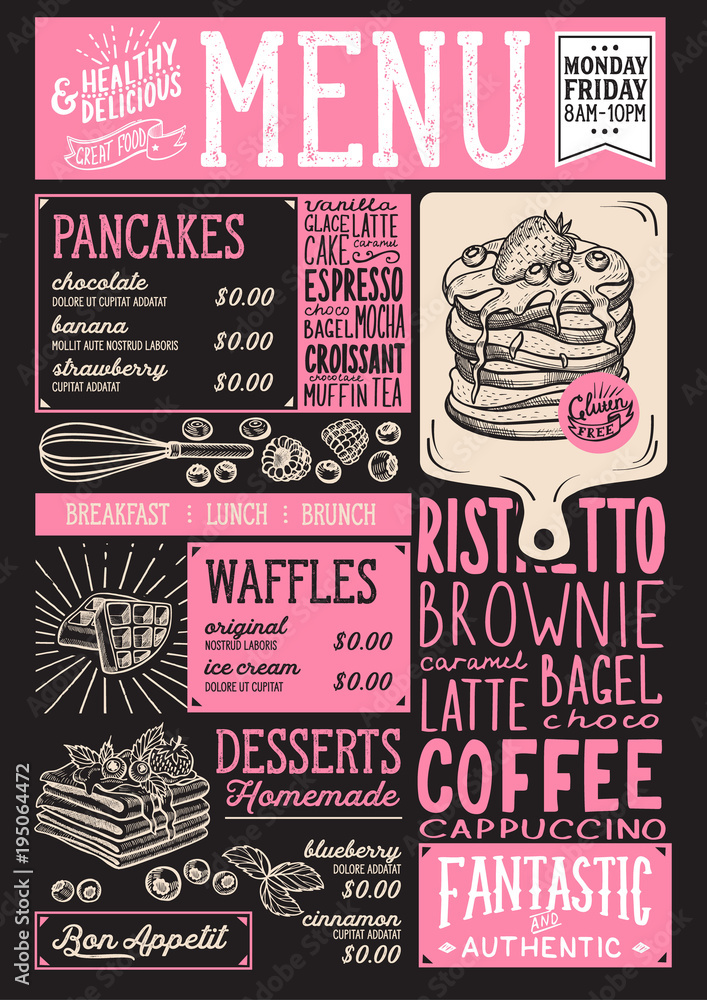 Waffles and crepes restaurant menu. Vector pancake food flyer for bar