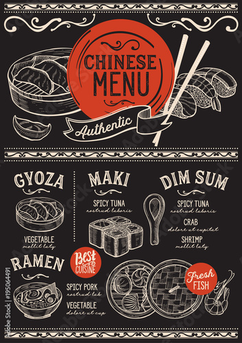 Japanese sushi restaurant menu. Vector chinese dim sum food flyer. Design template with vintage hand-drawn illustrations.