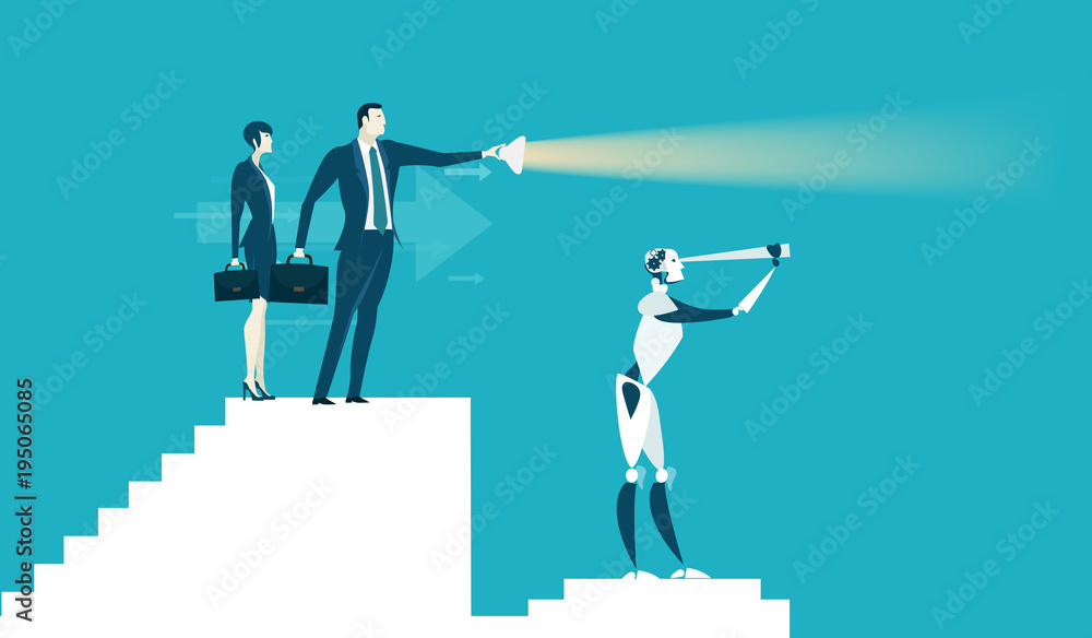 Fototapeta premium Robot and human working together. Robots VS Humans