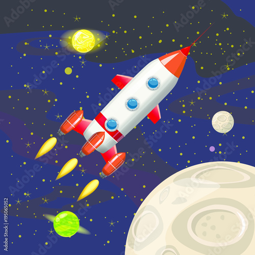 Space rocket launch, spaceship, space background, cartoon style, Vector illustration