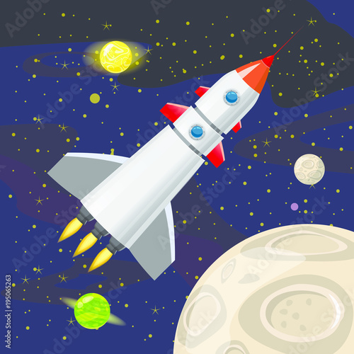 Space rocket launch, spaceship, space background, cartoon style, Vector illustration