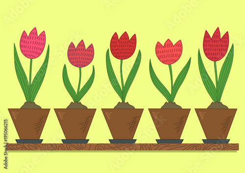 Hand drawn tulips growing in flower pots on yellow background. Vector illustration.