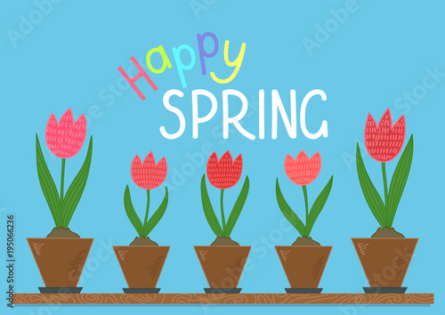 Happy spring. Hand drawn tulips in flower pots on blue background. Vector illustration.