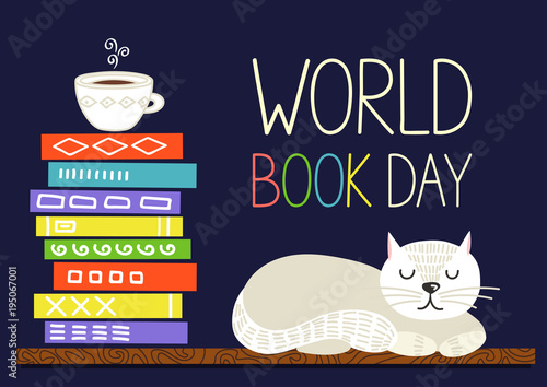 World book day. Books stack with cup of tea and white sleeping cat. Vector illustration