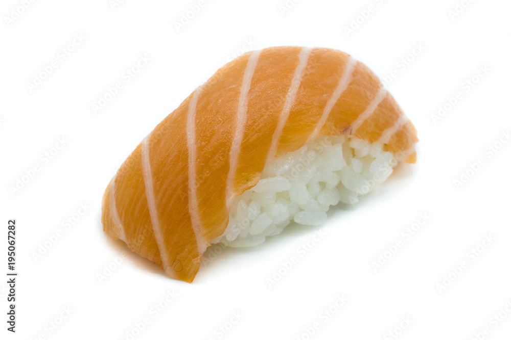 Nigiri Sushi Nigiri-Sushi Lachs isoliert freigestellt auf weißen Hintergrund, Freisteller Nigiri Sushi Nigiri-Sushi Lachs isoliert freigestellt auf weißen Hintergrund, Freisteller