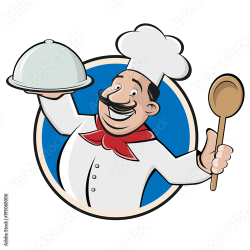 funny restaurant chef with cloche and spoon