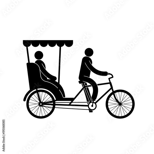 Pictogram of a pedicab with  driver and passenger