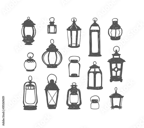 Set of 15 retro lanterns. Doodle illustration