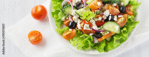 Fresh vegetable Greek salad with oil bottle, cover template for social networks