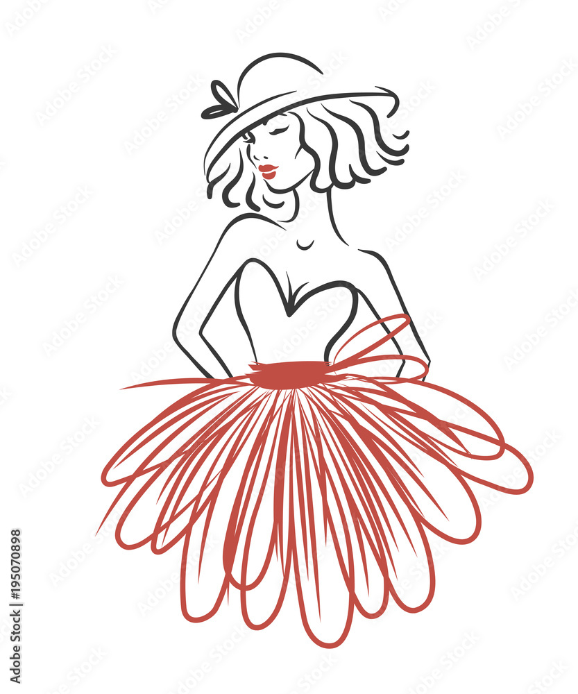 Fototapeta premium Silhouette of woman in red dress and hat isolated on white. Fashion vector illustration. Logo for atelier