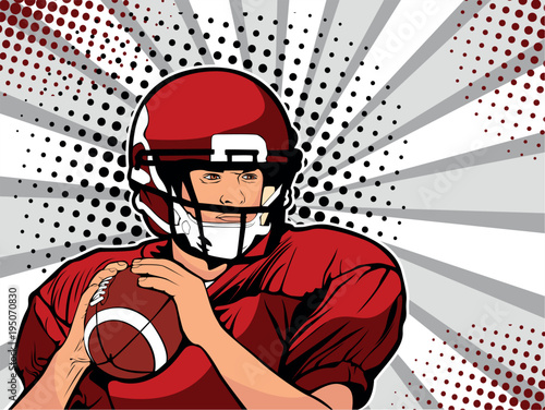 American football athlete. Sports game. The American football championship. Football Cup. League. Vector illustration in pop art retro comic style.