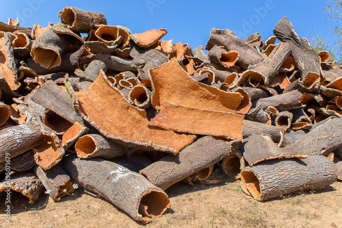 Heap of cork tree bark as raw material