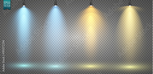 Vector light sources, concert lighting, stage spotlights set. Concert spotlight with beam, illuminated spotlights for web design illustration

